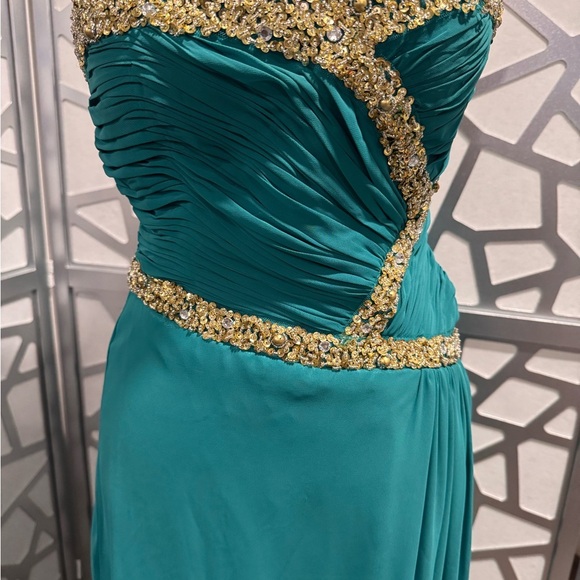 May Queen Teal One Shoulder Dress with Gold Detailing - Picture 2 of 12